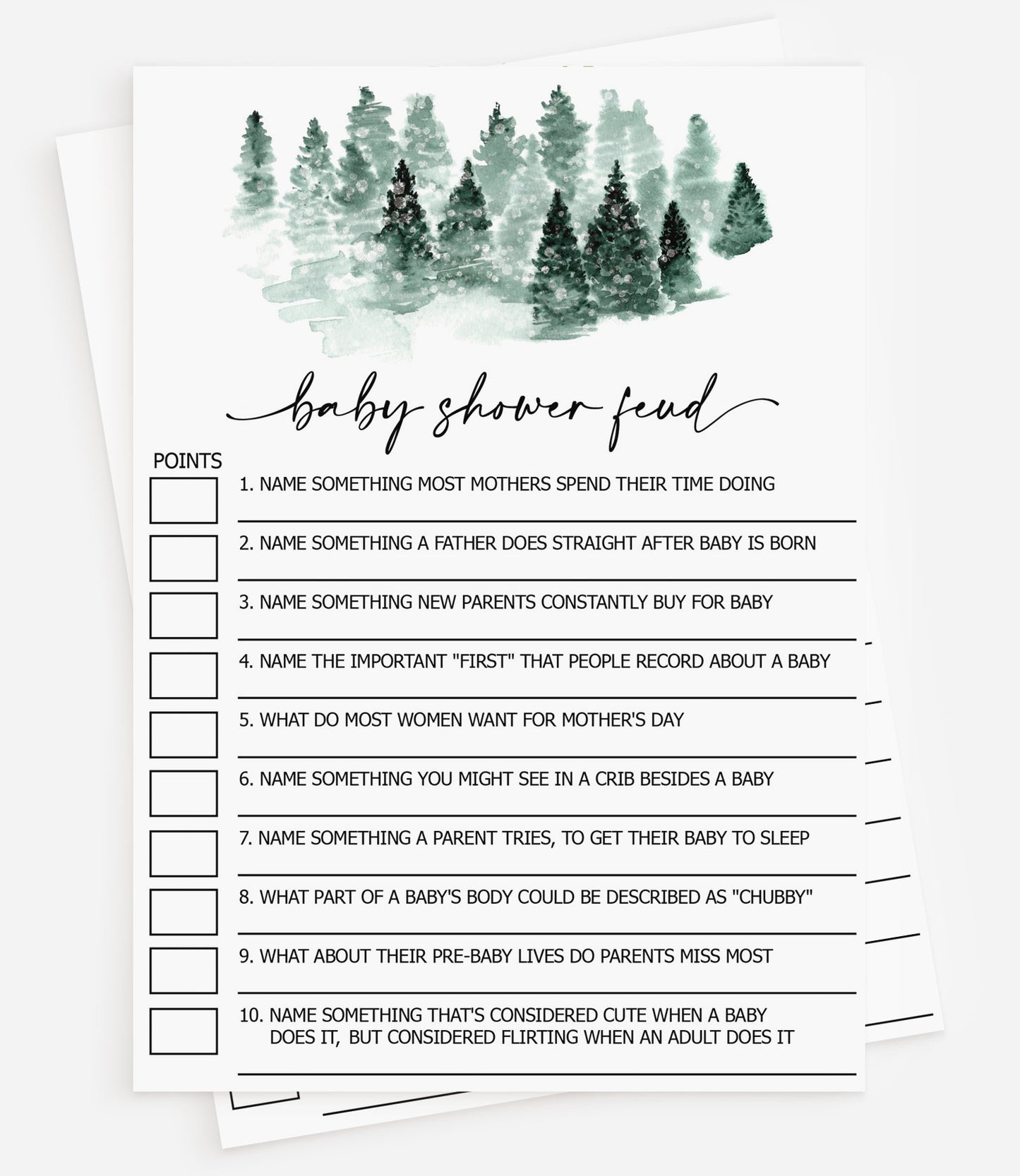 50 Baby Shower Family Feud (50-Cards) Baby It’s Cold Outside Winter Wonderland Forest Decorations