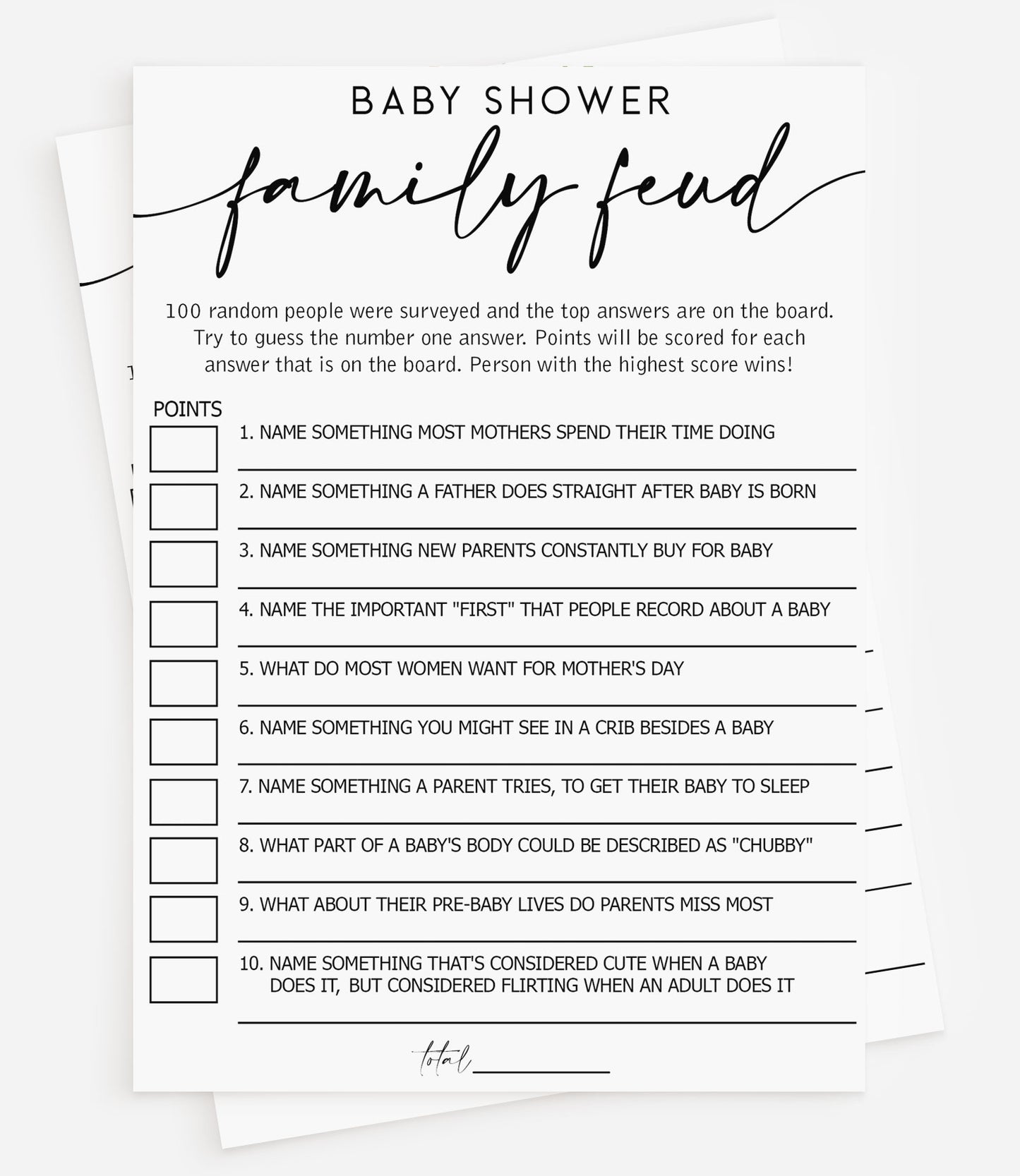 50 Baby Shower Family Feud (50-Cards) Minimalist Script