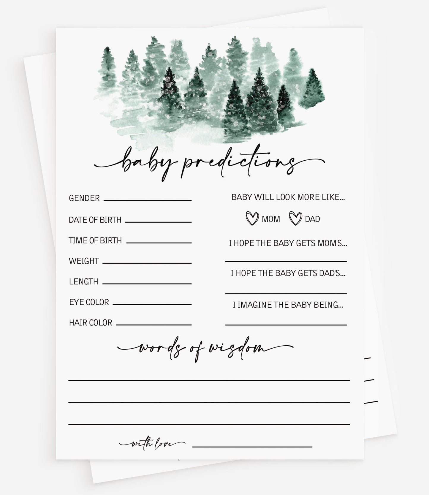 50 Baby Shower Advice and Predictions (50-Cards) Baby It’s Cold Outside Winter Wonderland Forest Decorations
