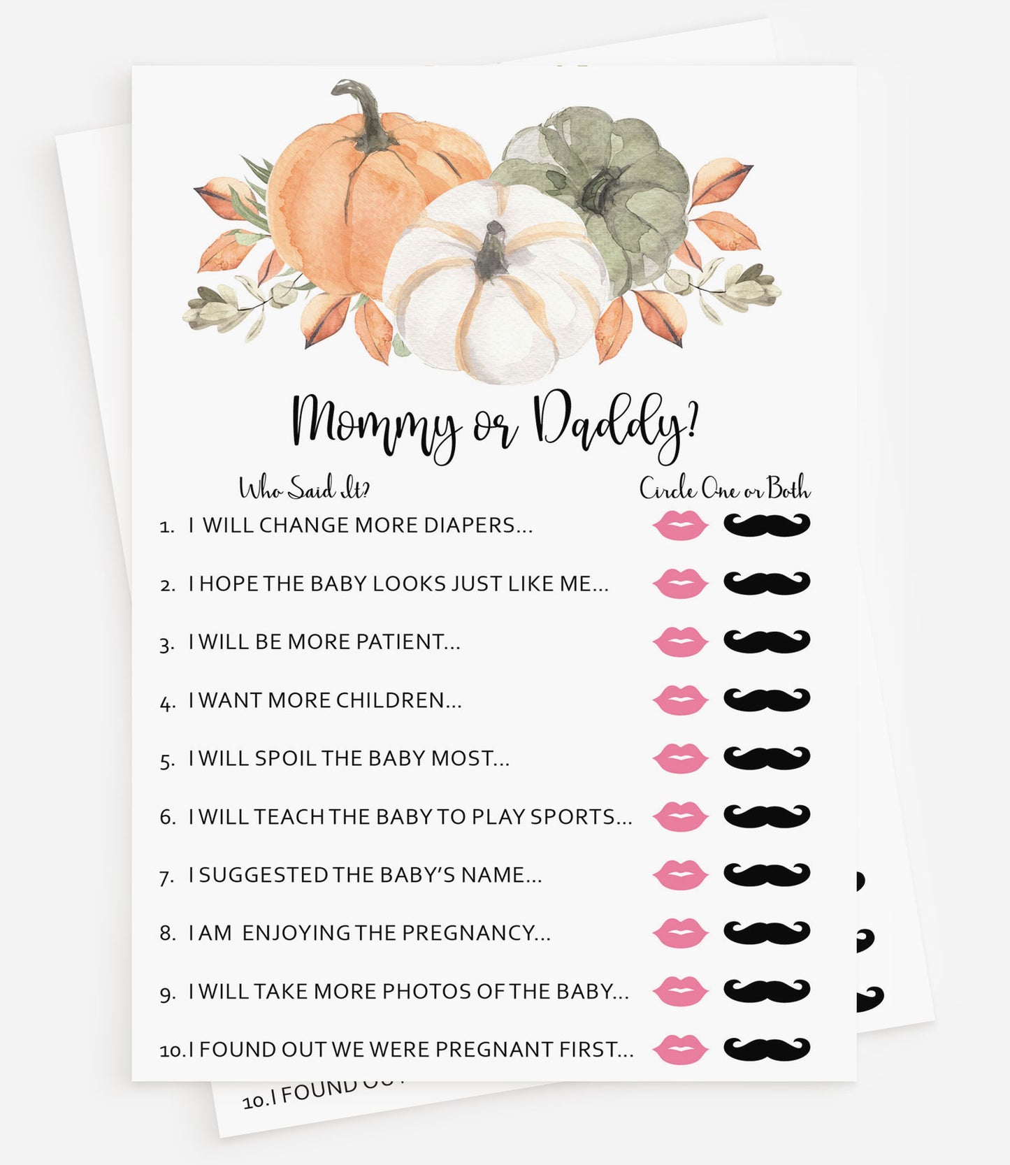 50 Baby Shower Who Said It? Mommy or Daddy? (50-Cards) Pumpkin, Autumn