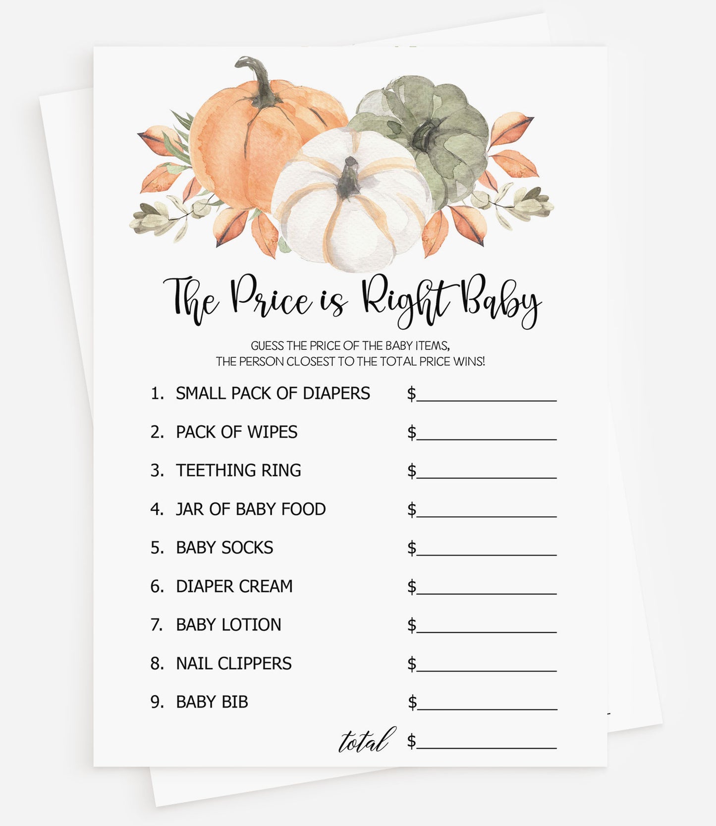 50 Baby Shower Price is Right (50-Cards) Pumpkin