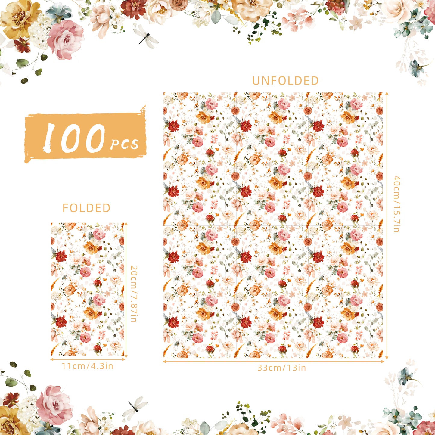 100 Pack Napkins Watercolor Floral Vintage Wild Flower Disposable Hand Towels
