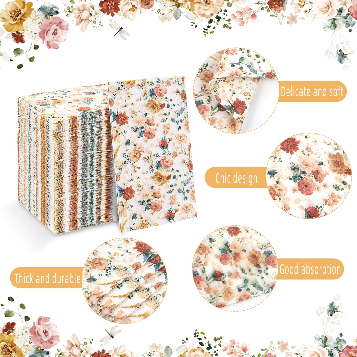 100 Pack Napkins Watercolor Floral Vintage Wild Flower Disposable Hand Towels