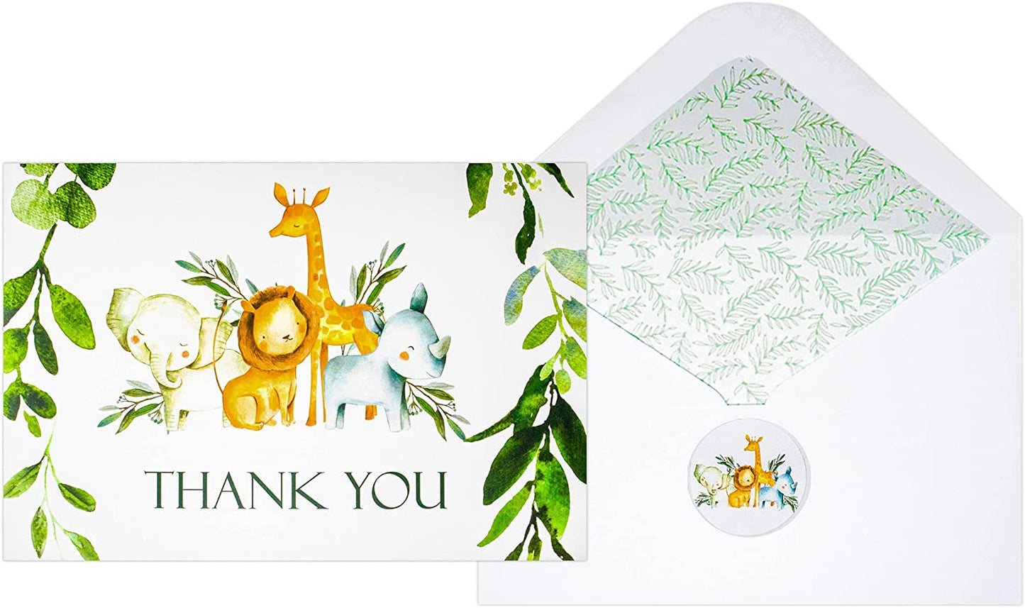 50 Pack Jungle Safari Greenery Thank You Cards, Cute Thank You Notes with Envelopes & Stickers, Baby Shower, Birthday any Occasion