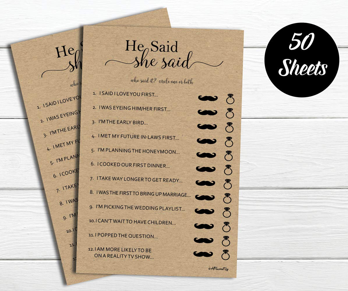 50 He Said She Said Bridal Shower Game Kraft Rustic (50-Sheets) Wedding Bridal Shower Engagement Bachelorette Anniversary Party Game Ideas (Large Sheet Size)