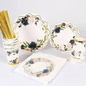 Gold Foil Pink and Blue Floral Paper Plates 24 Guests Dinner
