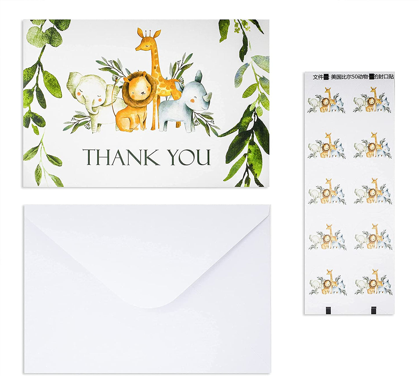50 Pack Jungle Safari Greenery Thank You Cards, Cute Thank You Notes with Envelopes & Stickers, Baby Shower, Birthday any Occasion