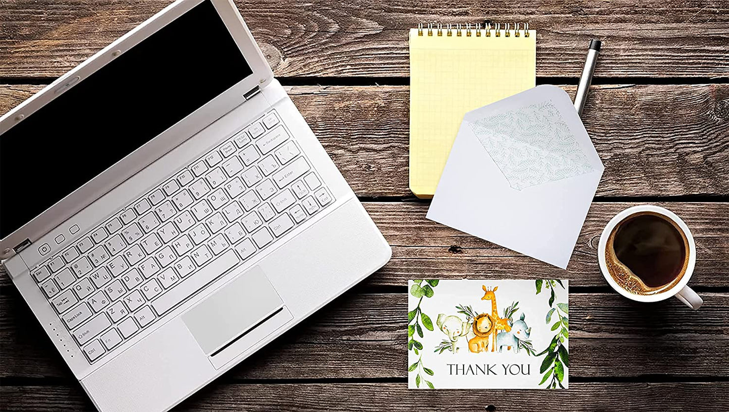 50 Pack Jungle Safari Greenery Thank You Cards, Cute Thank You Notes with Envelopes & Stickers, Baby Shower, Birthday any Occasion