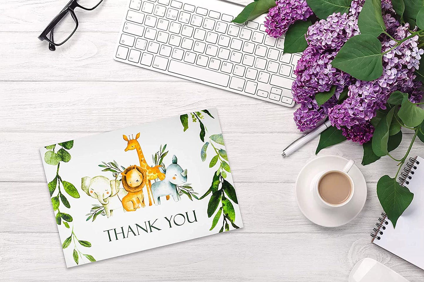 50 Pack Jungle Safari Greenery Thank You Cards, Cute Thank You Notes with Envelopes & Stickers, Baby Shower, Birthday any Occasion