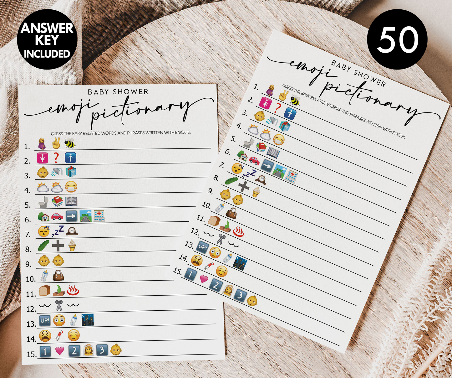 Emoji Pictionary (50-Cards) Fun Baby Shower Game Activity, Gender Neutral Boy or Girl, Minimalist Script