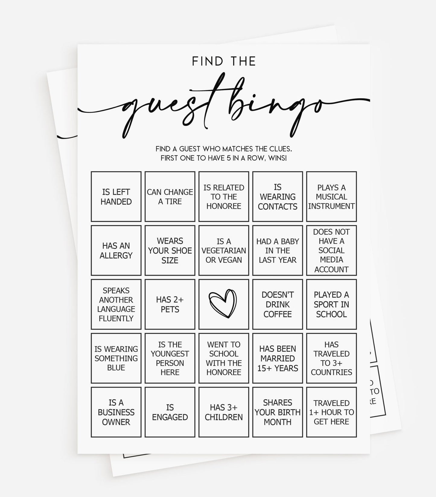 50 Find The Guest Bingo Game (50-Cards) Minimalist