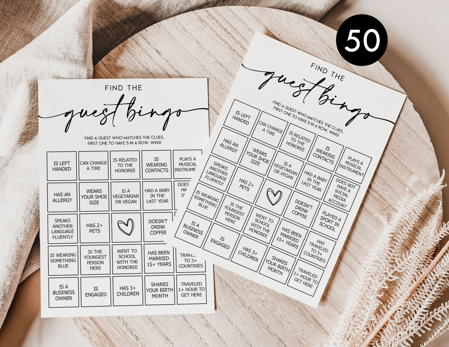 50 Find The Guest Bingo Game (50-Cards) Minimalist