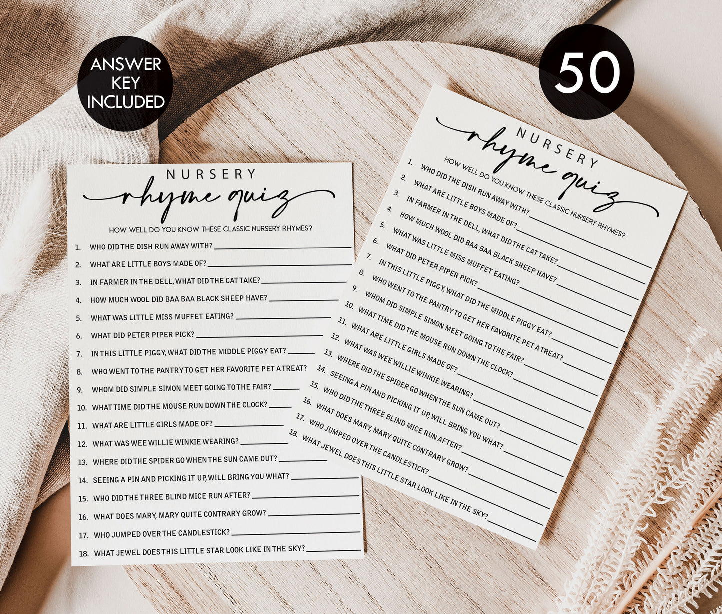 50 Baby Shower Nursery Rhyme Game (50-Cards) Minimalist Script