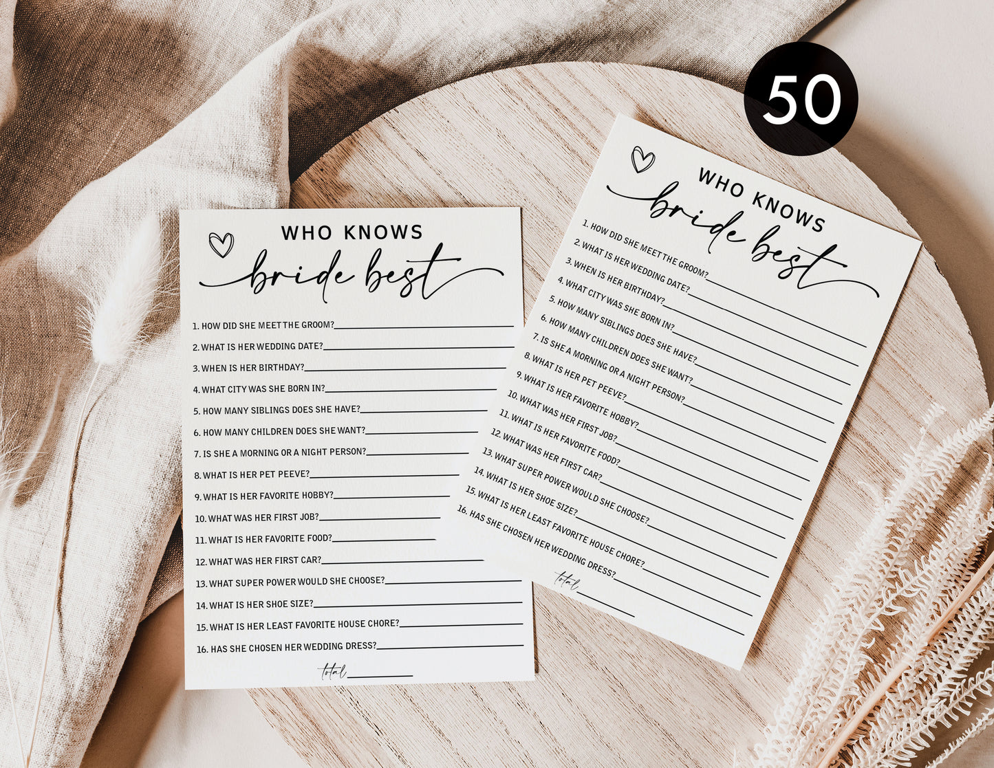 50 Who Knows the Bride Best (50-Cards) Minimalist Script