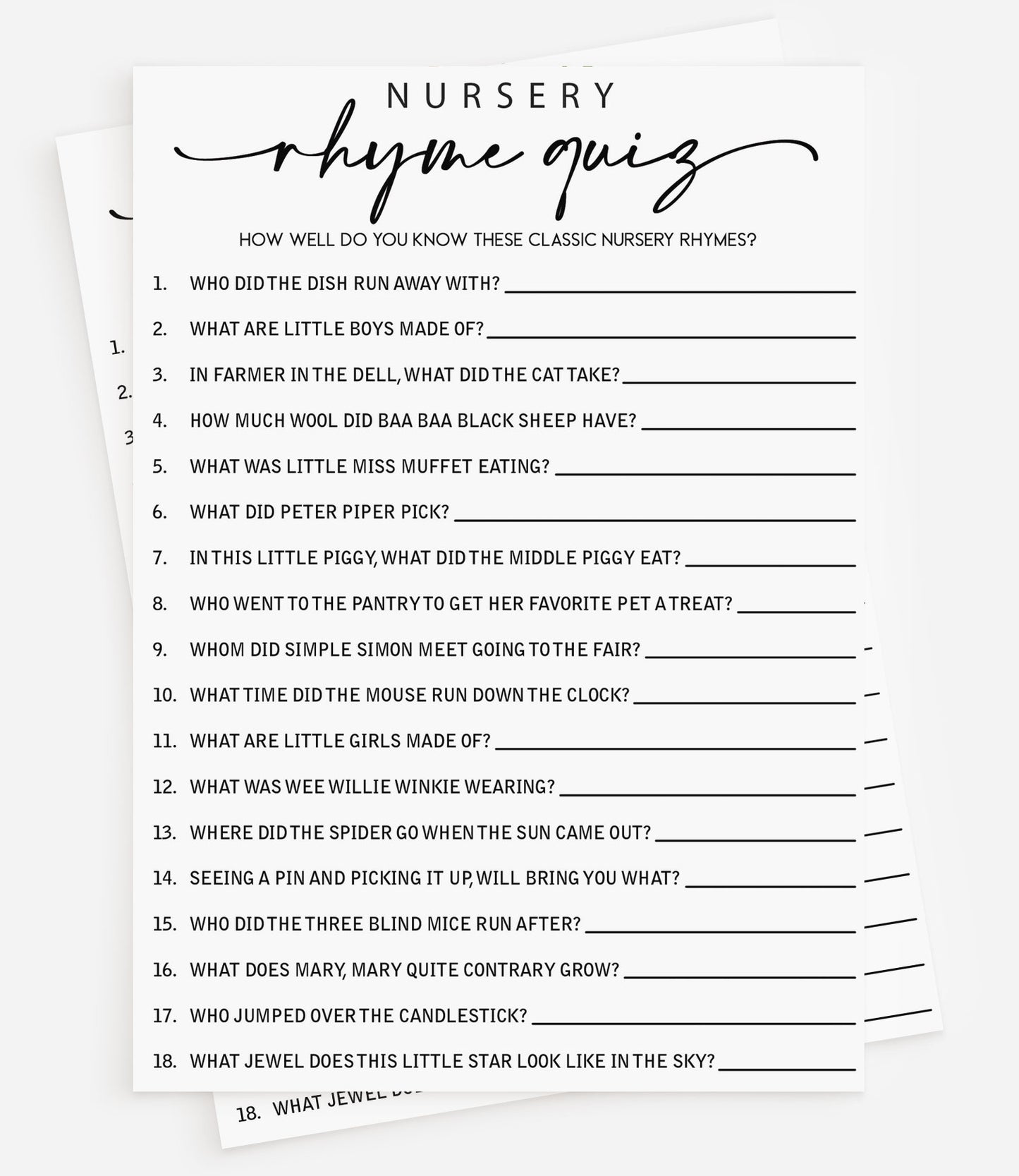 50 Baby Shower Nursery Rhyme Game (50-Cards) Minimalist Script