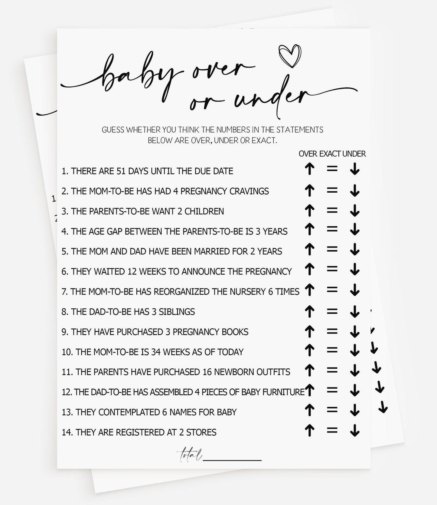 50 Baby Shower Over Under (50-Cards) Minimalist