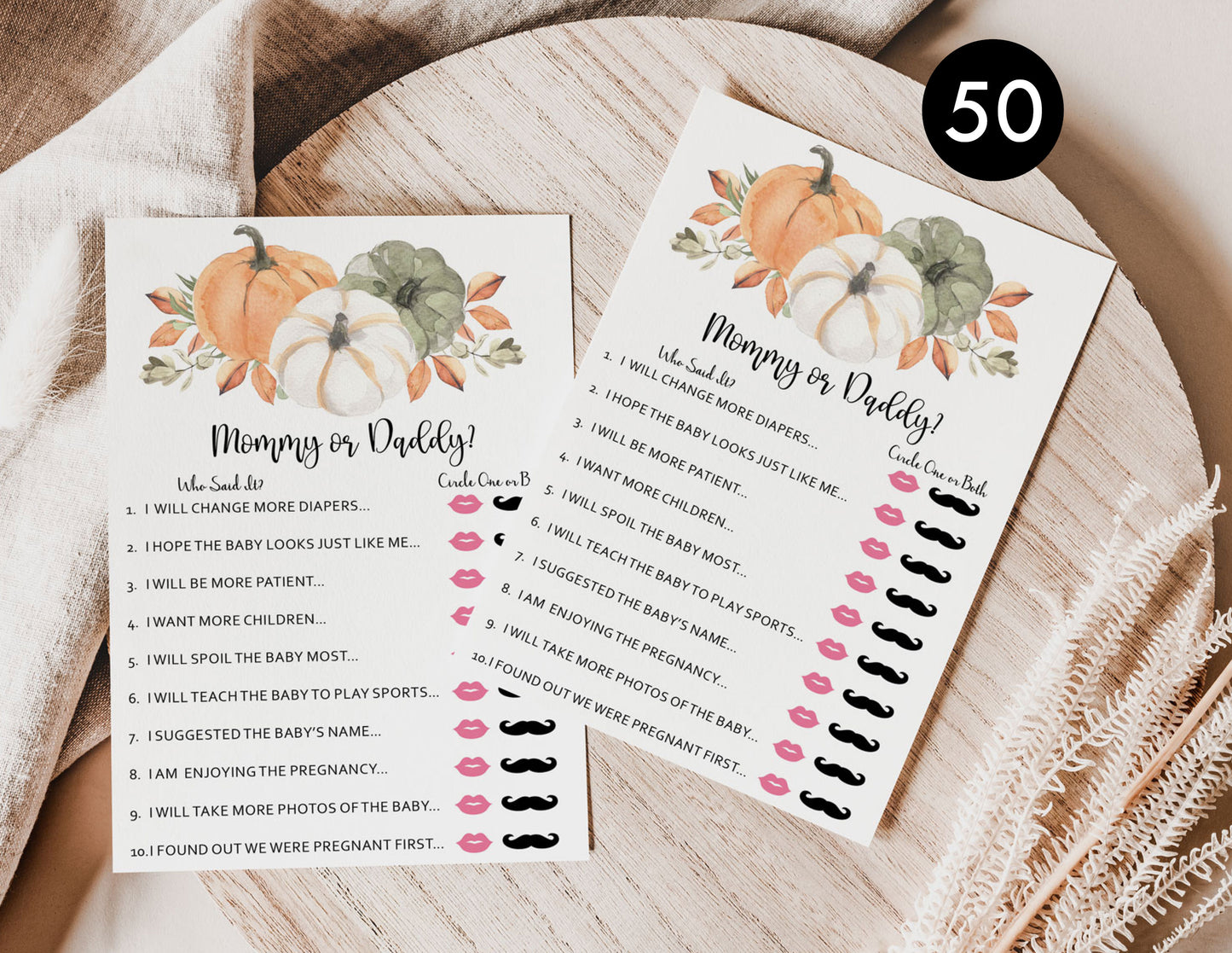 50 Baby Shower Who Said It? Mommy or Daddy? (50-Cards) Pumpkin, Autumn