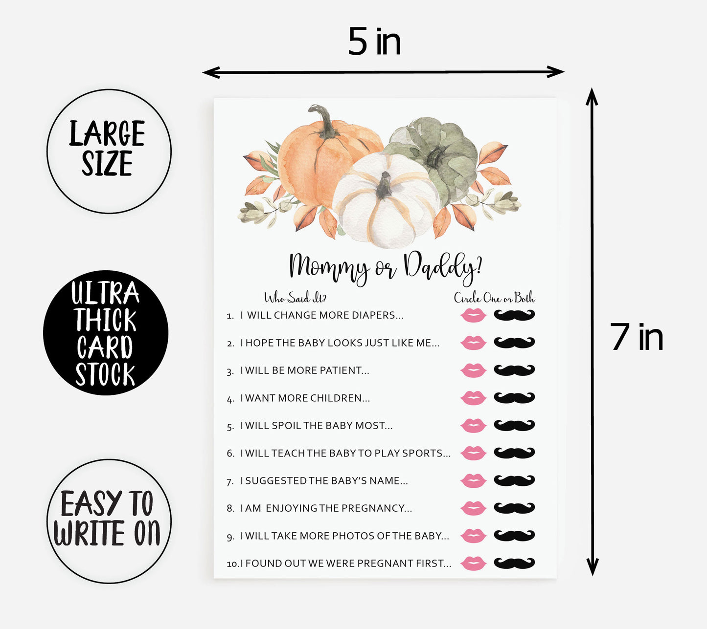 50 Baby Shower Who Said It? Mommy or Daddy? (50-Cards) Pumpkin, Autumn