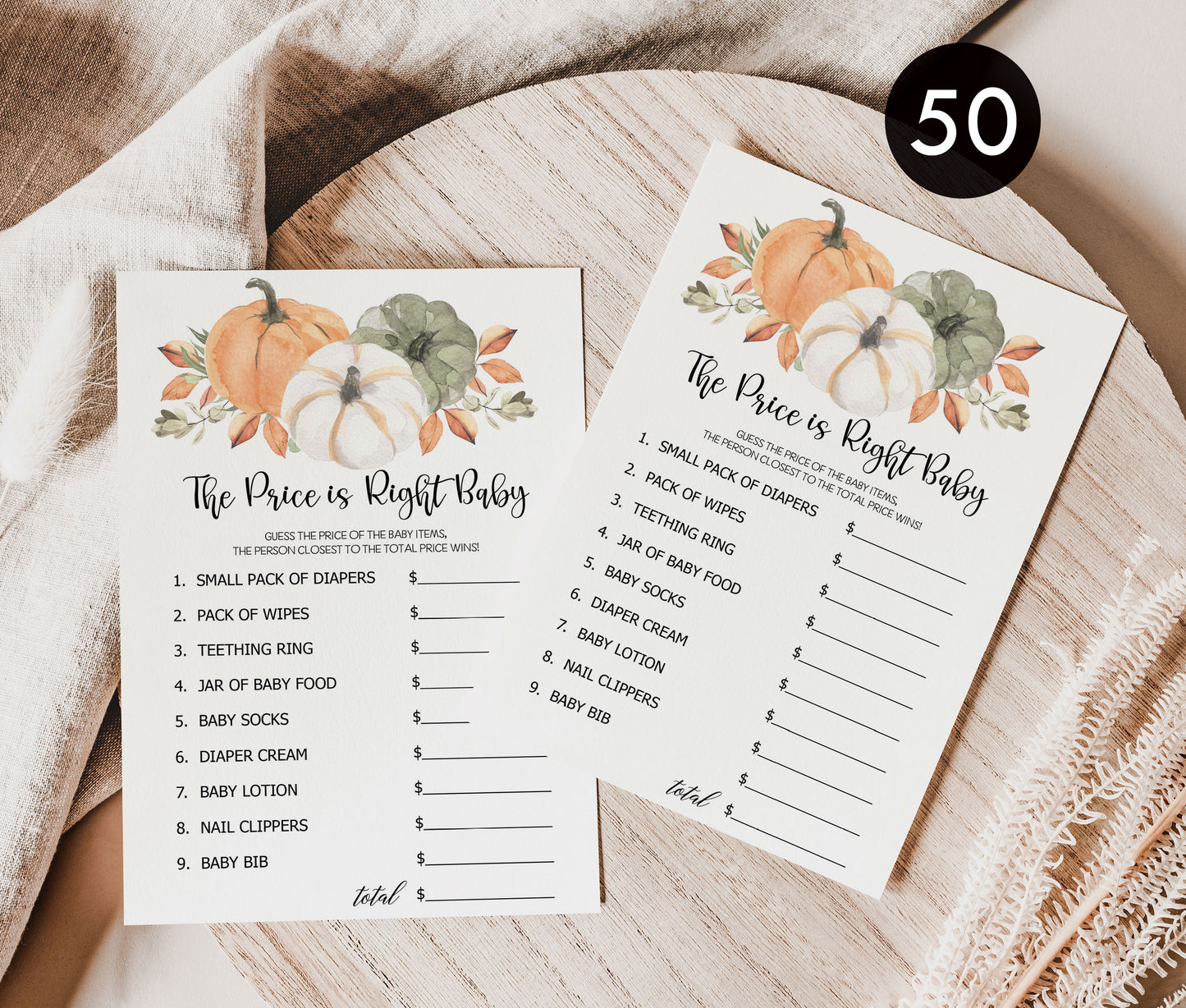 50 Baby Shower Price is Right (50-Cards) Pumpkin