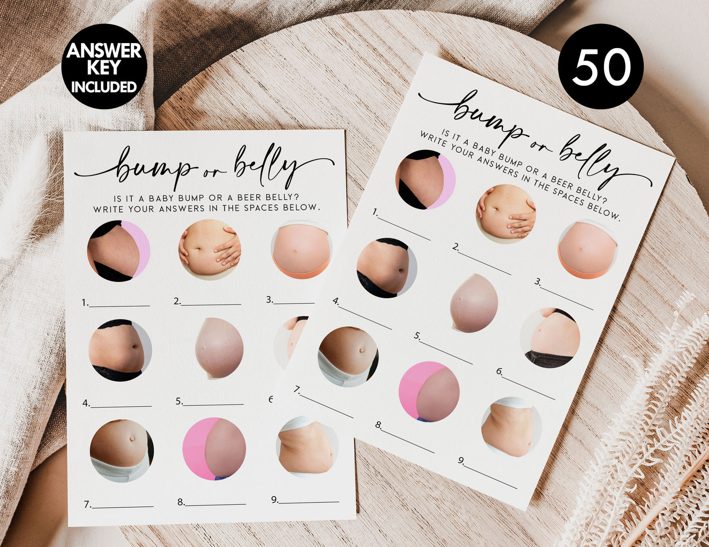 50 Baby Bump or Beer Belly Baby Shower (50-Cards) Minimalist