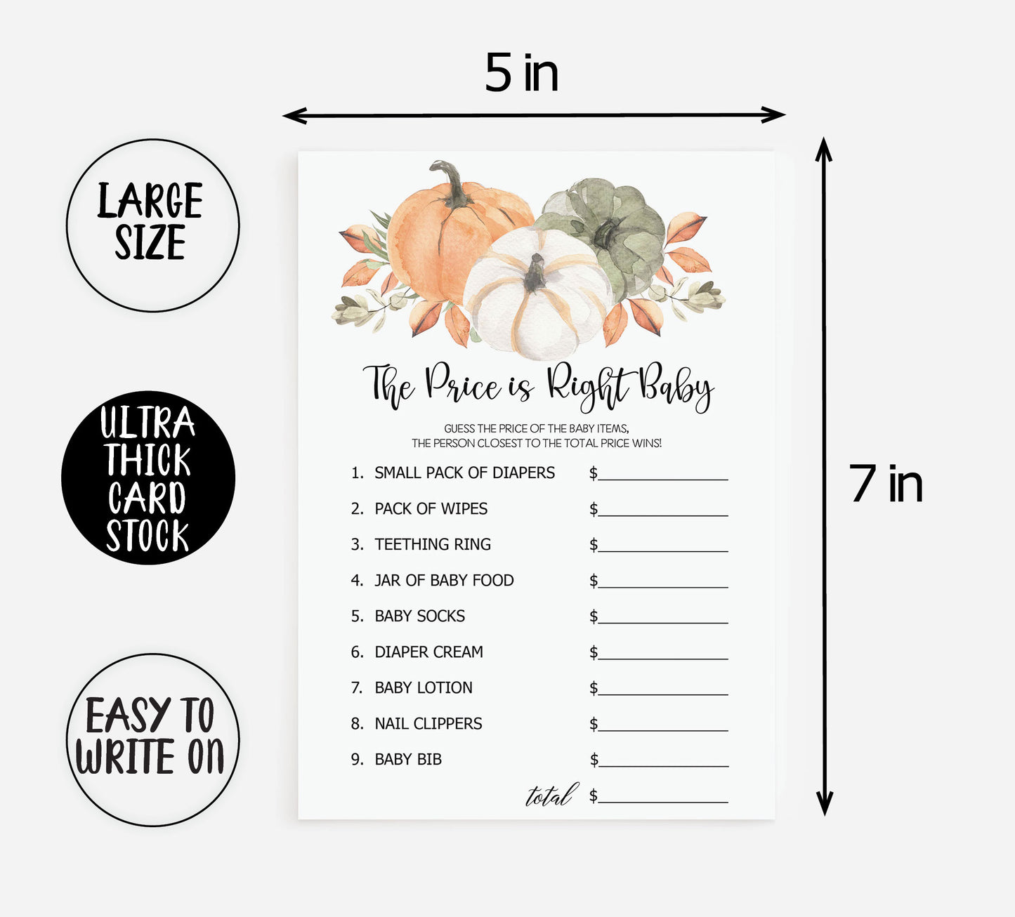 50 Baby Shower Price is Right (50-Cards) Pumpkin