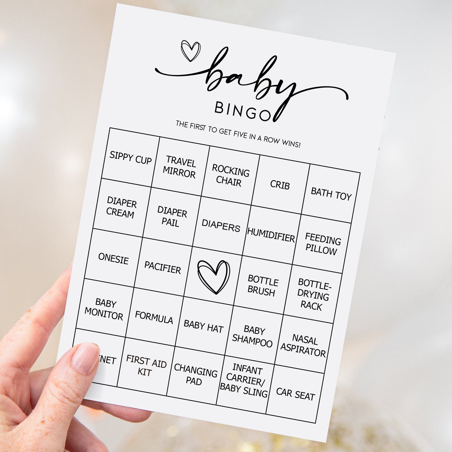 Baby Bingo Game (50 Unique Cards) Pre-Filled Fun Baby Shower Game Activity, Preforated Calling Cards, Minimalist