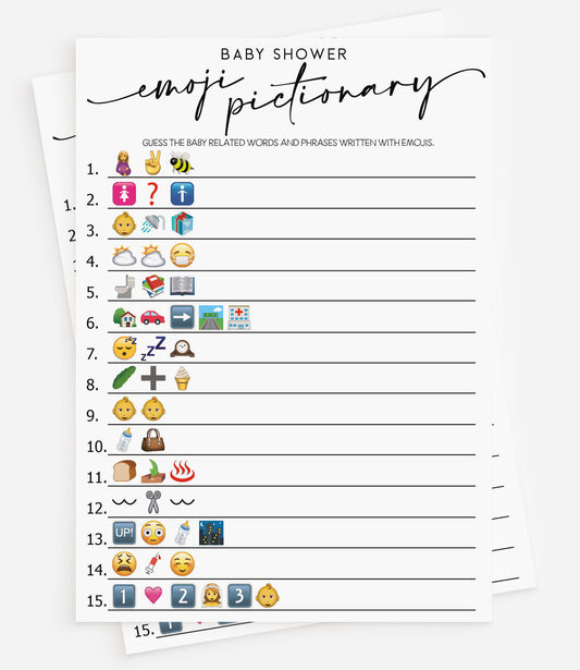 Emoji Pictionary (50-Cards) Fun Baby Shower Game Activity, Gender Neutral Boy or Girl, Minimalist Script
