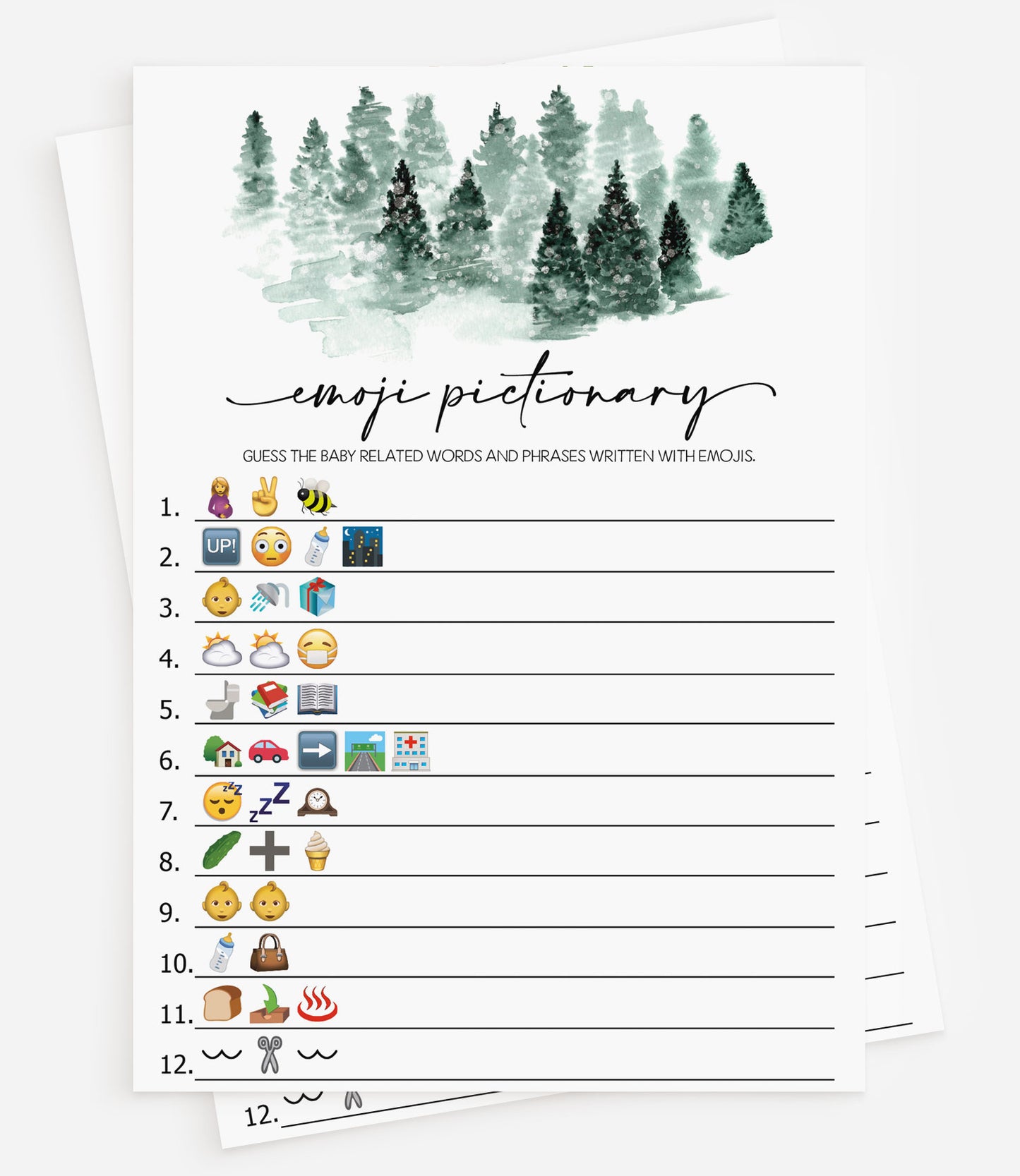 50 Baby Shower Emoji Pictionary (50-Cards), Baby It’s Cold Outside Winter Wonderland Forest Decorations