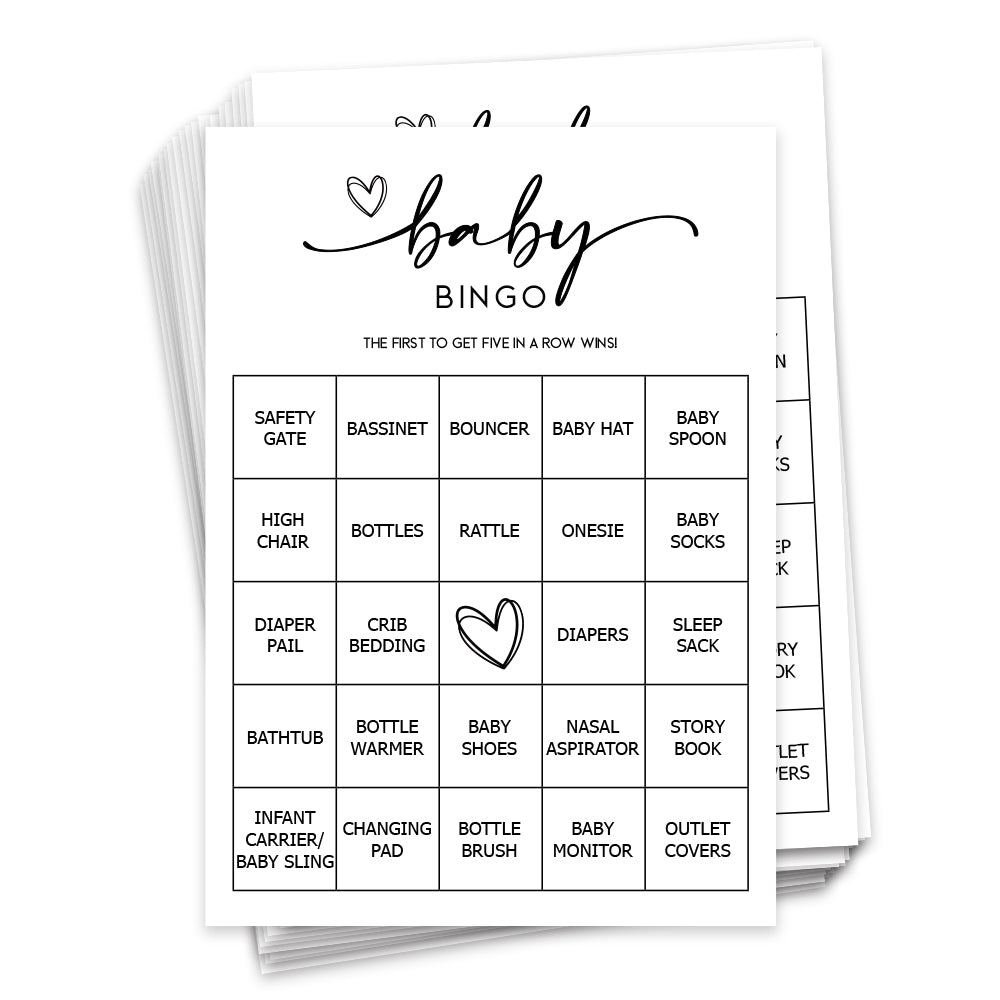Baby Bingo Game (50 Unique Cards) Pre-Filled Fun Baby Shower Game Activity, Preforated Calling Cards, Minimalist