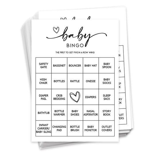 Baby Bingo Game (50 Unique Cards) Pre-Filled Fun Baby Shower Game Activity, Preforated Calling Cards, Minimalist