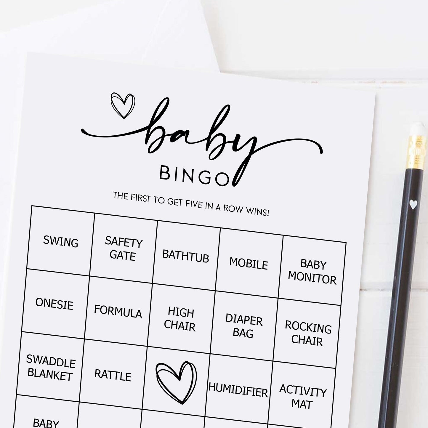 Baby Bingo Game (50 Unique Cards) Pre-Filled Fun Baby Shower Game Activity, Preforated Calling Cards, Minimalist