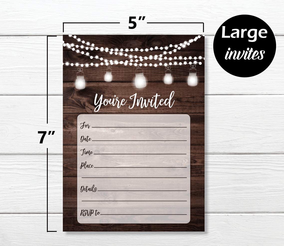 Rustic Invitations and Envelopes (Large Size 5x7) - Wedding - Engagement - Birthday Party - Baby Shower - Any Occasion - Wood and Lights (50 Count)