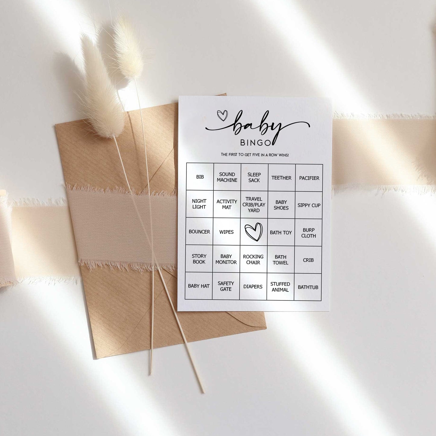 Baby Bingo Game (50 Unique Cards) Pre-Filled Fun Baby Shower Game Activity, Preforated Calling Cards, Minimalist