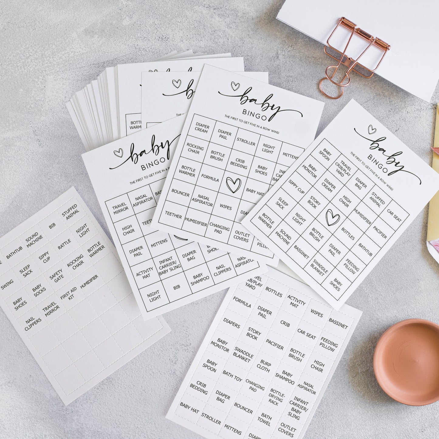 Baby Bingo Game (50 Unique Cards) Pre-Filled Fun Baby Shower Game Activity, Preforated Calling Cards, Minimalist