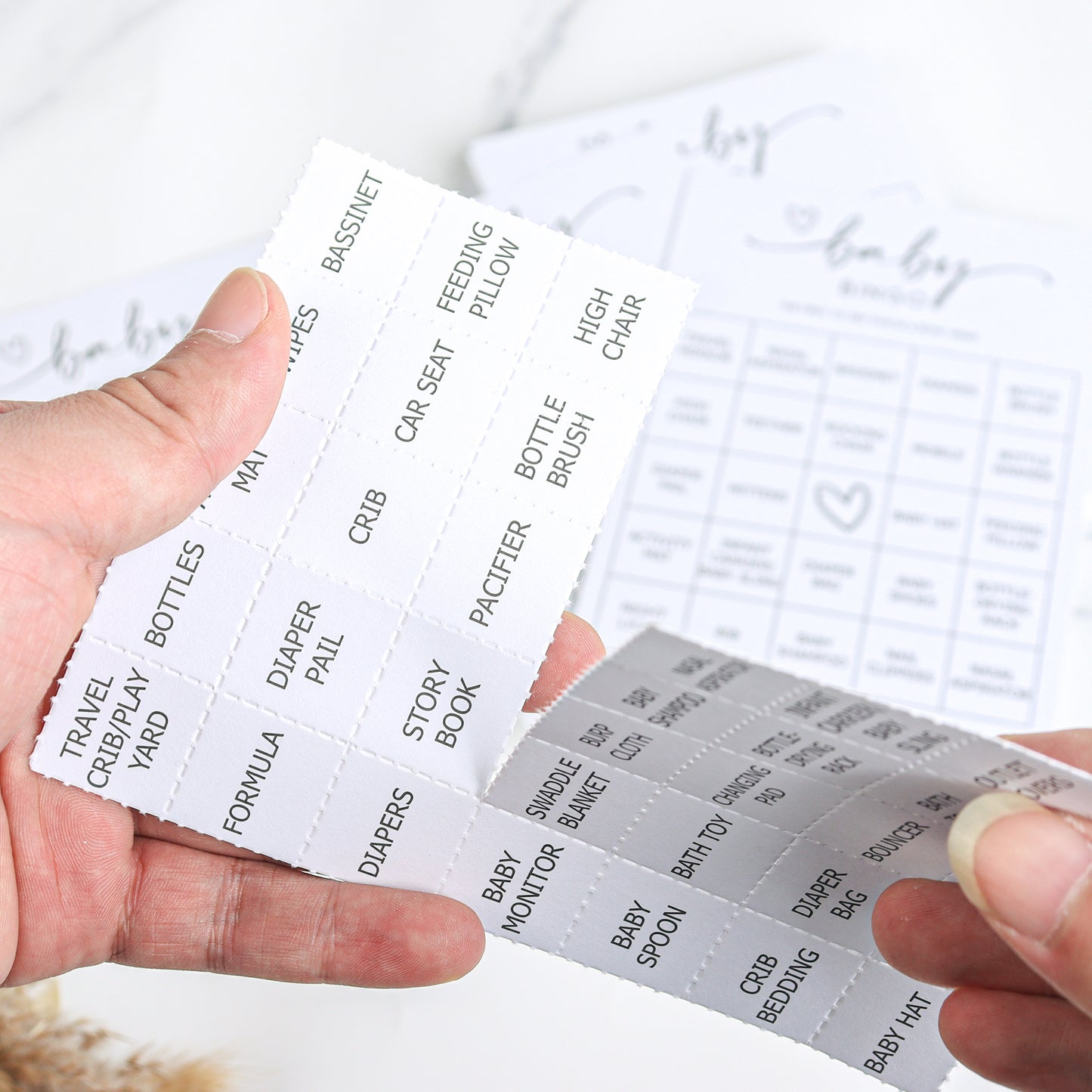 Baby Bingo Game (50 Unique Cards) Pre-Filled Fun Baby Shower Game Activity, Preforated Calling Cards, Minimalist