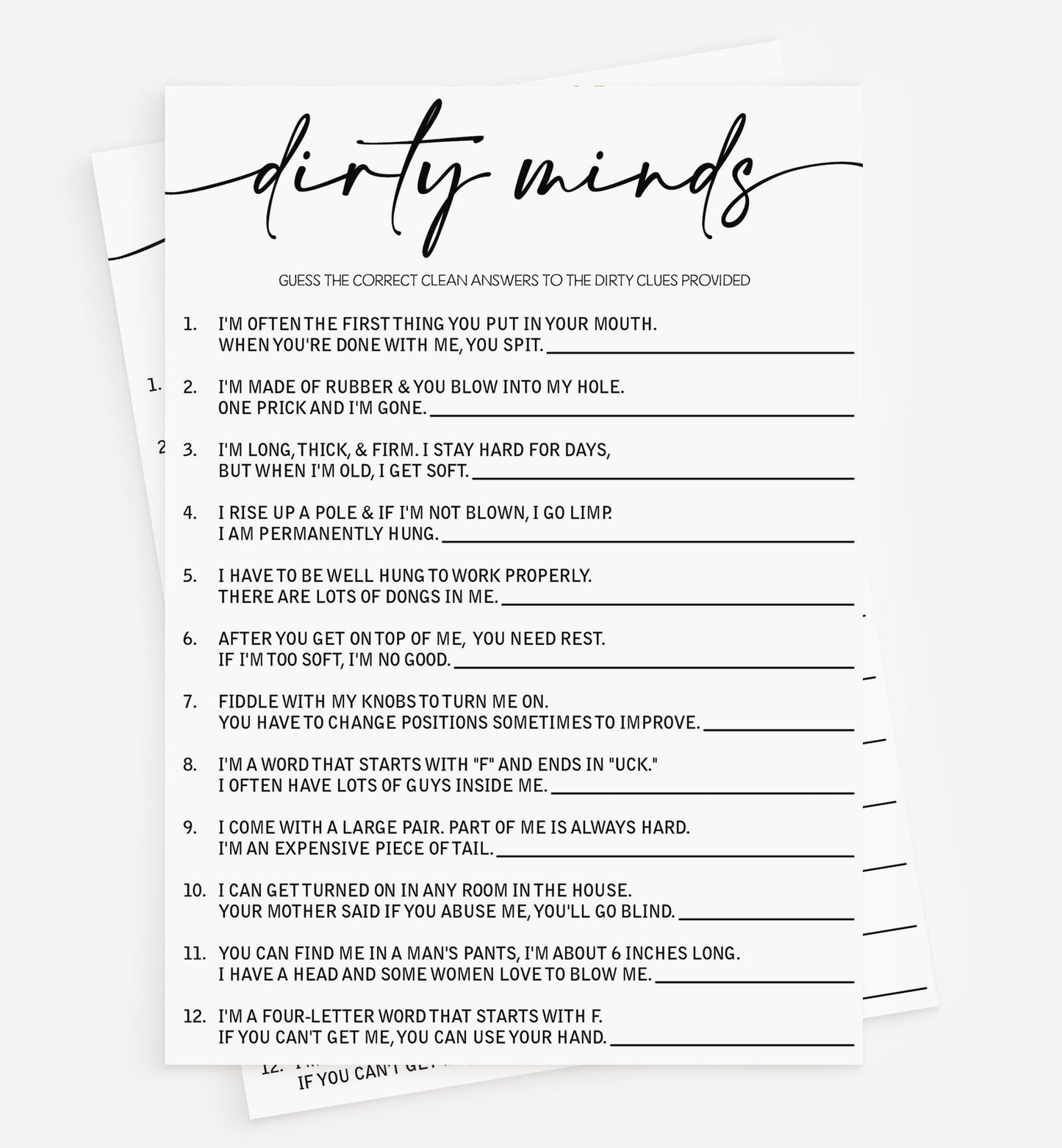 50 Funny Bridal Shower Game Dirty Minds Game (50-Cards) Bachelorette Party Wedding Engagement Rehearsal Dinner Activity, Minimalist