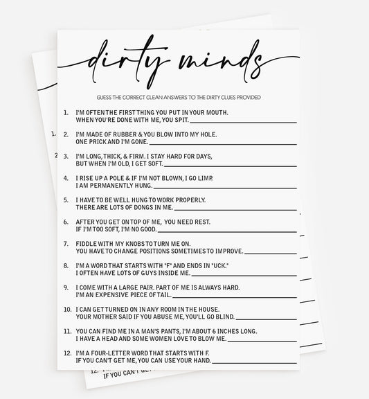 50 Funny Bridal Shower Game Dirty Minds Game (50-Cards) Bachelorette Party Wedding Engagement Rehearsal Dinner Activity, Minimalist