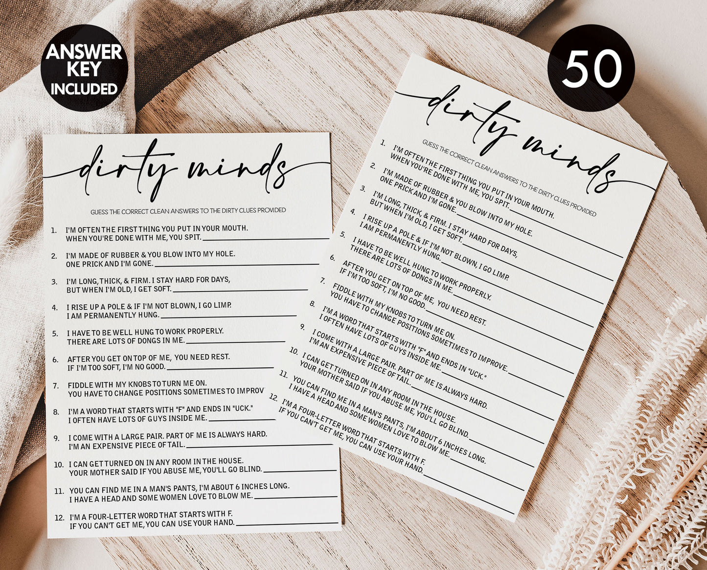 50 Funny Bridal Shower Game Dirty Minds Game (50-Cards) Bachelorette Party Wedding Engagement Rehearsal Dinner Activity, Minimalist