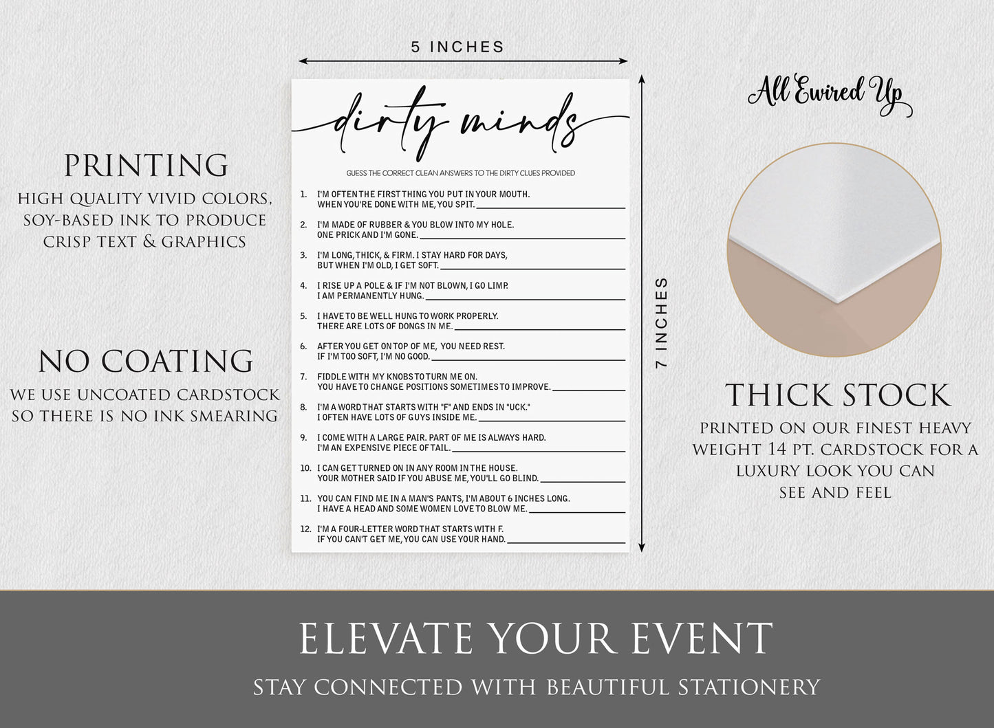 50 Funny Bridal Shower Game Dirty Minds Game (50-Cards) Bachelorette Party Wedding Engagement Rehearsal Dinner Activity, Minimalist