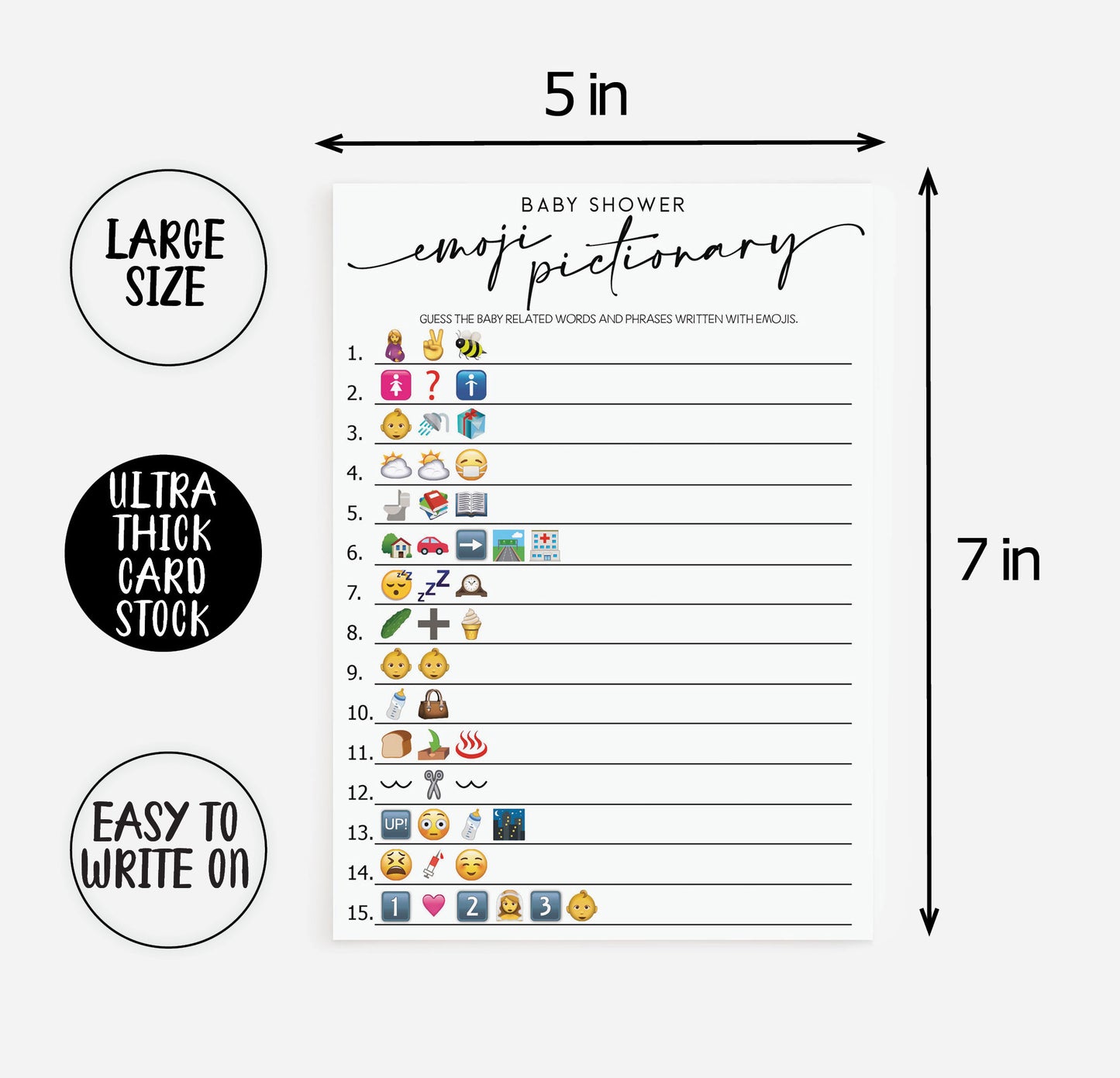 Emoji Pictionary (50-Cards) Fun Baby Shower Game Activity, Gender Neutral Boy or Girl, Minimalist Script