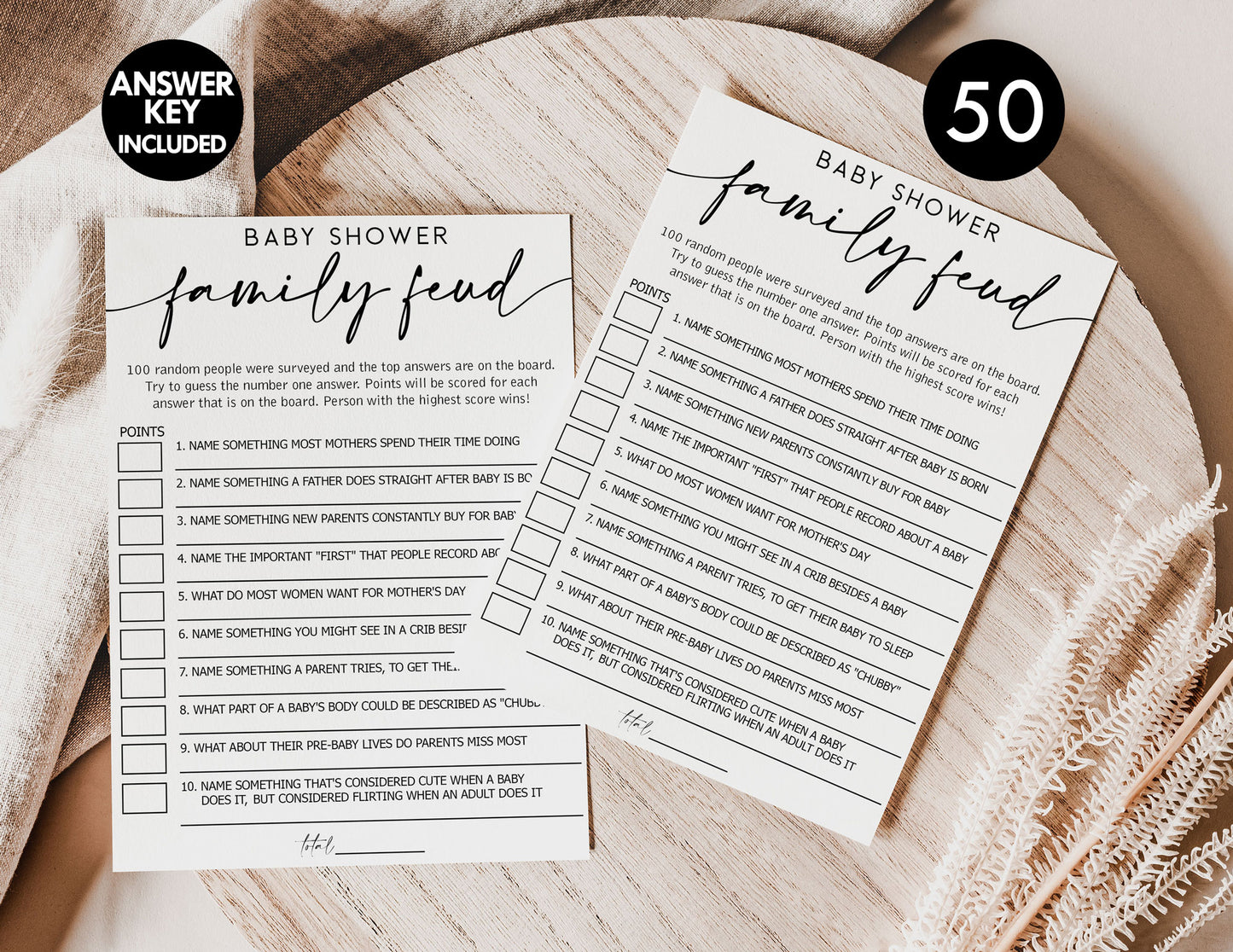50 Baby Shower Family Feud (50-Cards) Minimalist Script