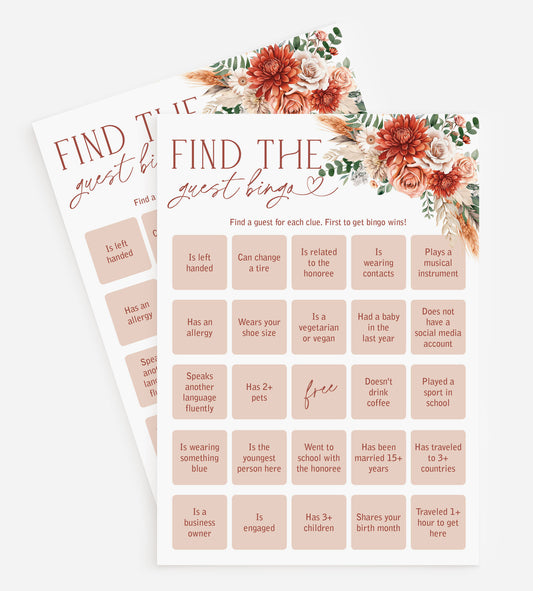 50 Find The Guest Bingo Game (50-Cards) Fall in Love Fun Bridal Baby Shower Game Activity, Wedding Decorations, Birthday, Sienna Marsala Autumn Floral