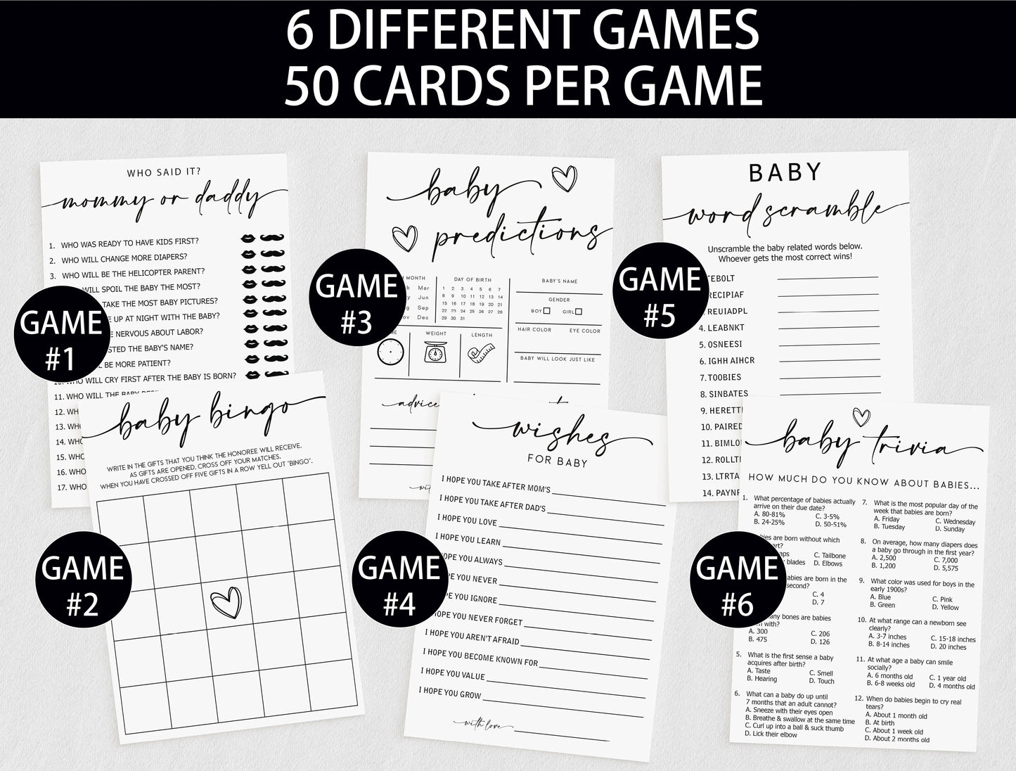 200 Piece Minimalist Baby Shower Games for 50 Guests, Trivia, Predictions & Advice, Labor or Loving, Baby Bump or Beer Belly
