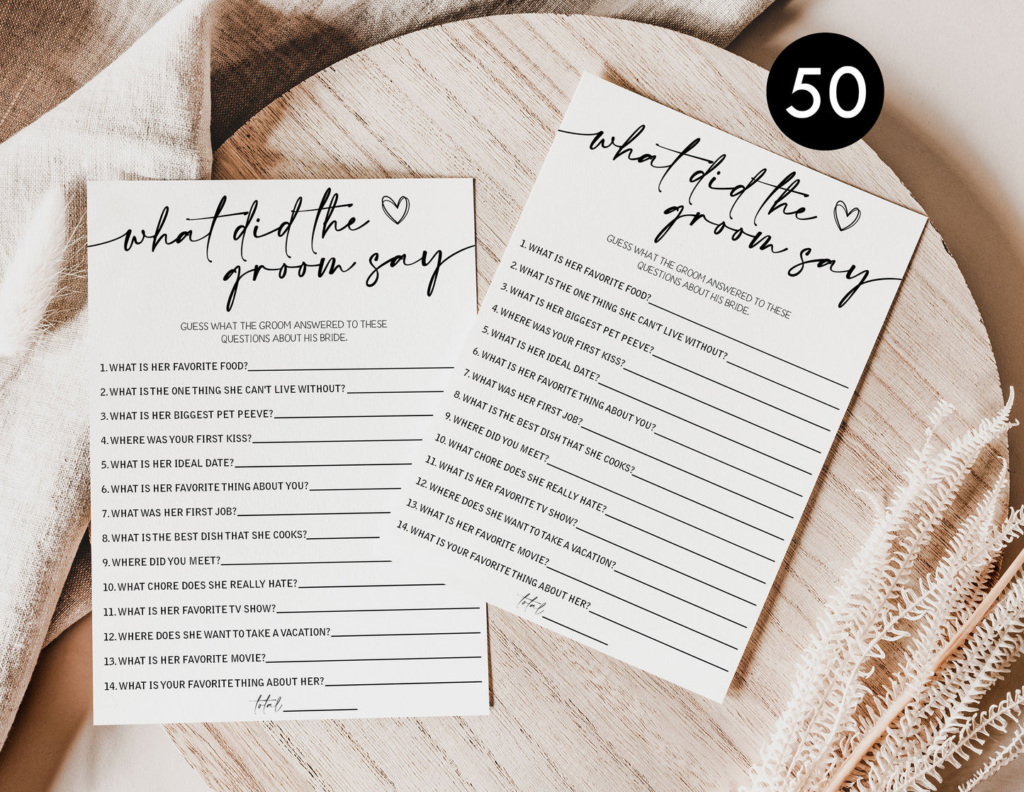 50 Bridal Shower Games What Did the Groom Say? (50-Cards) Minimalist Script