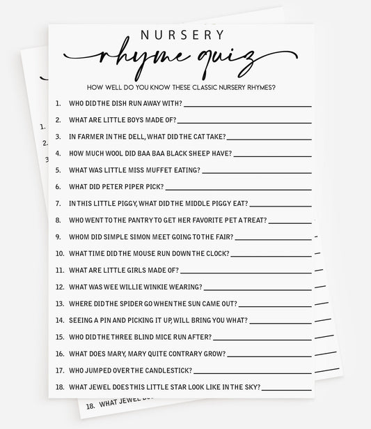 50 Baby Shower Nursery Rhyme Game (50-Cards) Minimalist Script