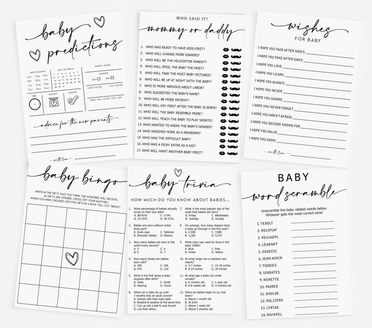 200 Piece Minimalist Baby Shower Games for 50 Guests, Trivia, Predictions & Advice, Labor or Loving, Baby Bump or Beer Belly